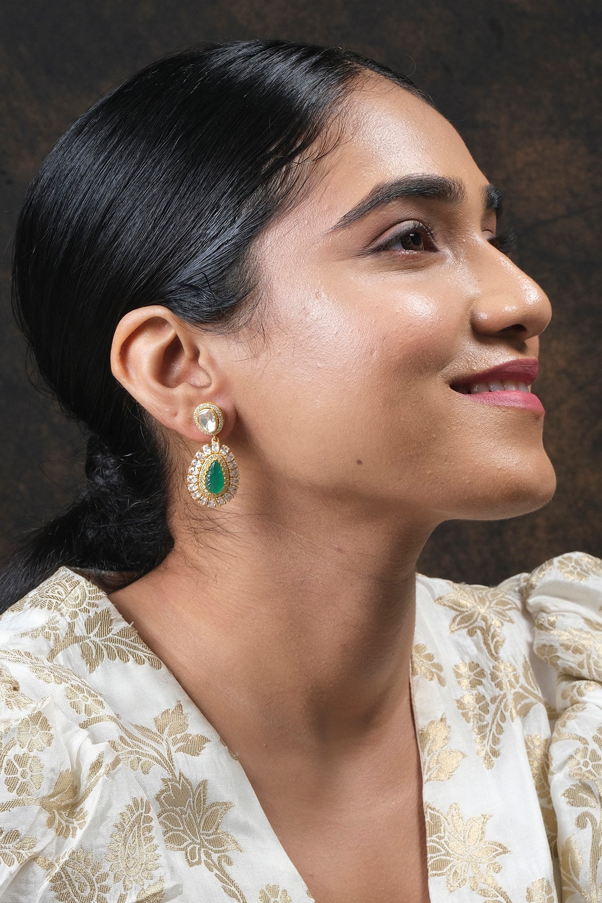 Gold Finish Kundan Polki Dangler Earrings In Sterling Silver