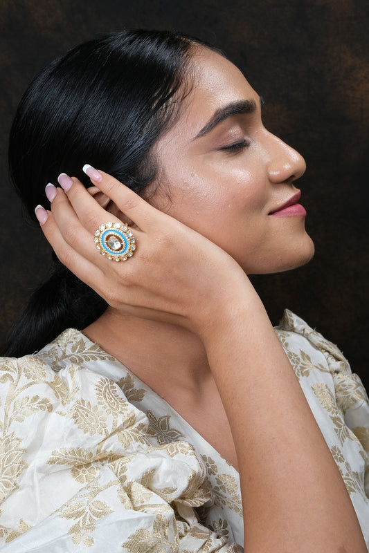 Gold Finish Kundan Polki Ring In Sterling Silver