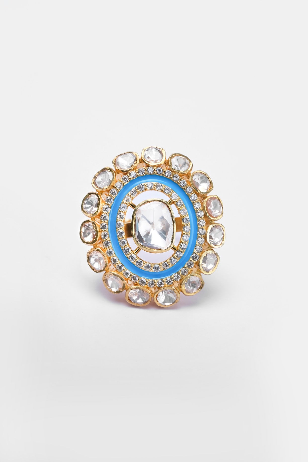 Gold Finish Kundan Polki Ring In Sterling Silver