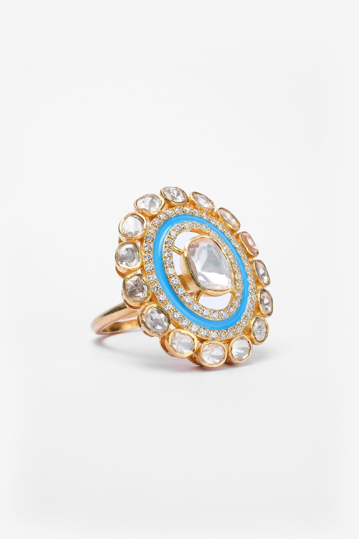 Gold Finish Kundan Polki Ring In Sterling Silver