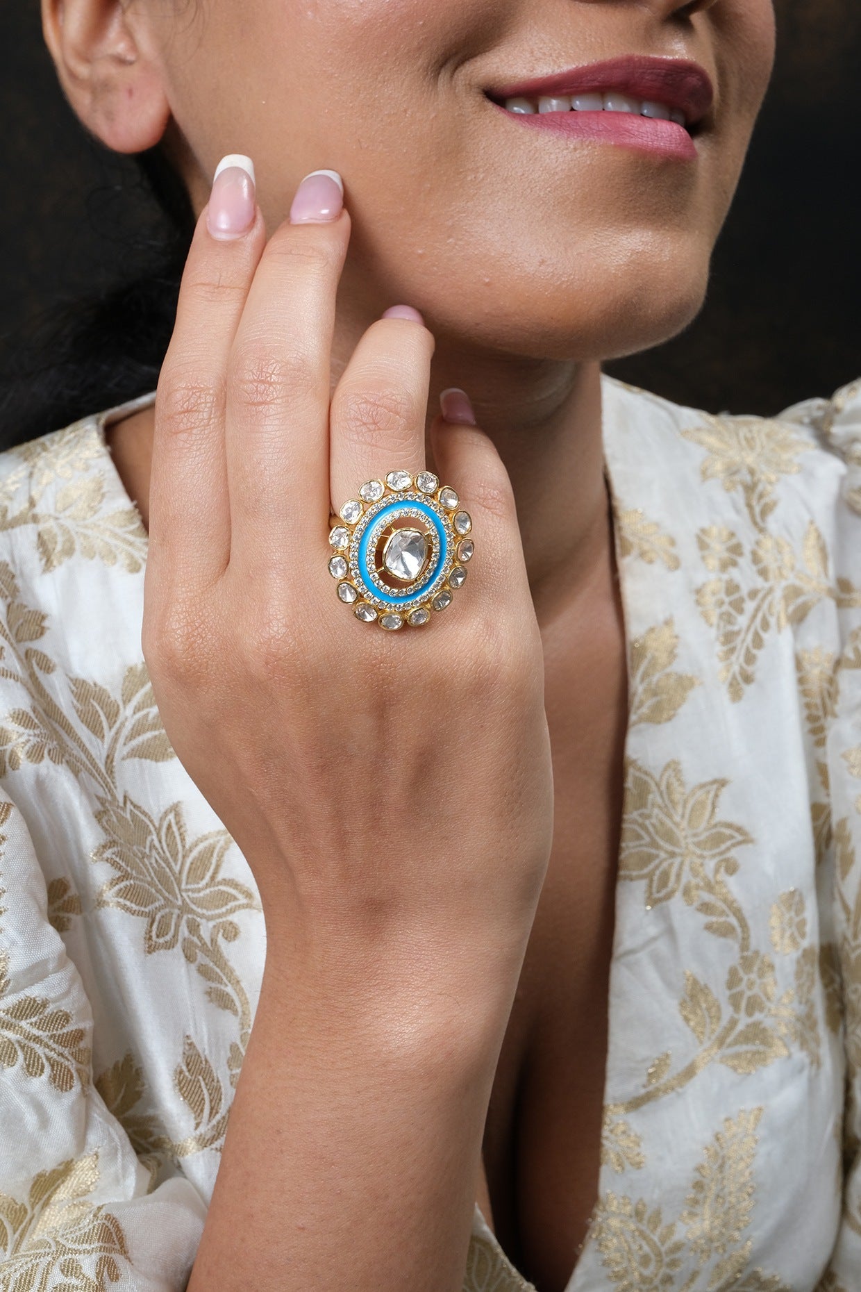 Gold Finish Kundan Polki Ring In Sterling Silver