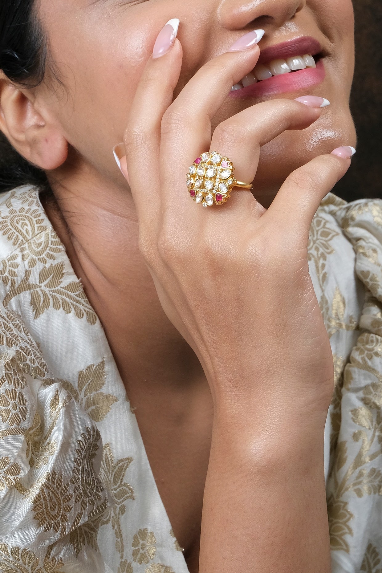 Gold Finish Kundan Polki Ring In Sterling Silver