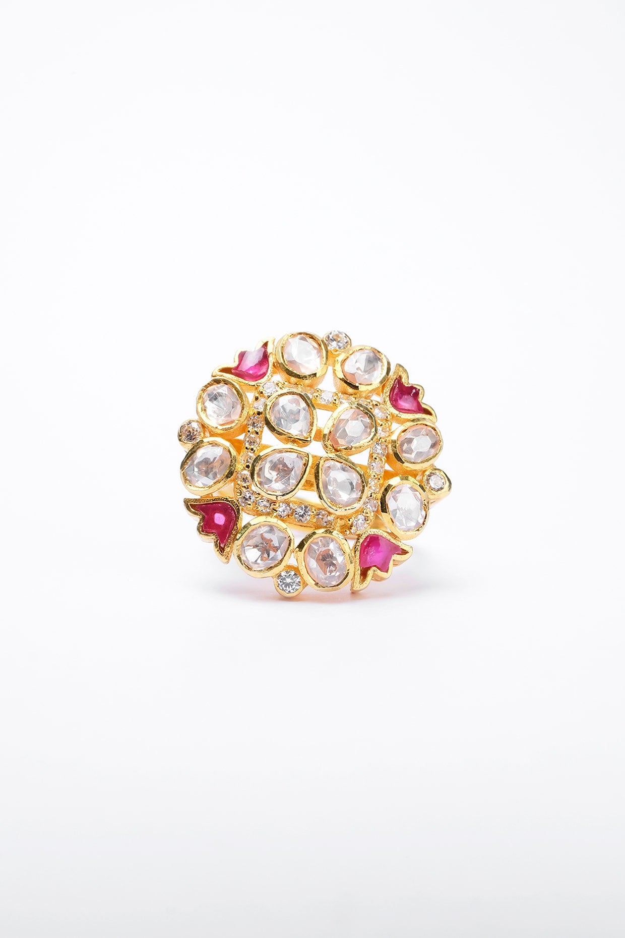 Gold Finish Kundan Polki Ring In Sterling Silver