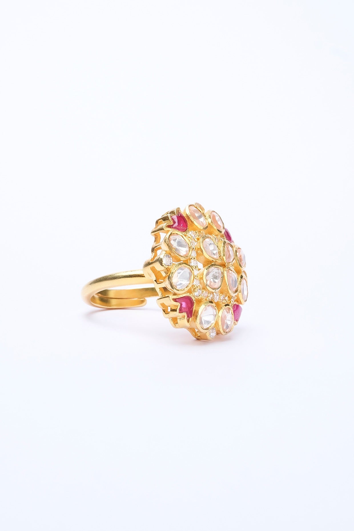 Gold Finish Kundan Polki Ring In Sterling Silver