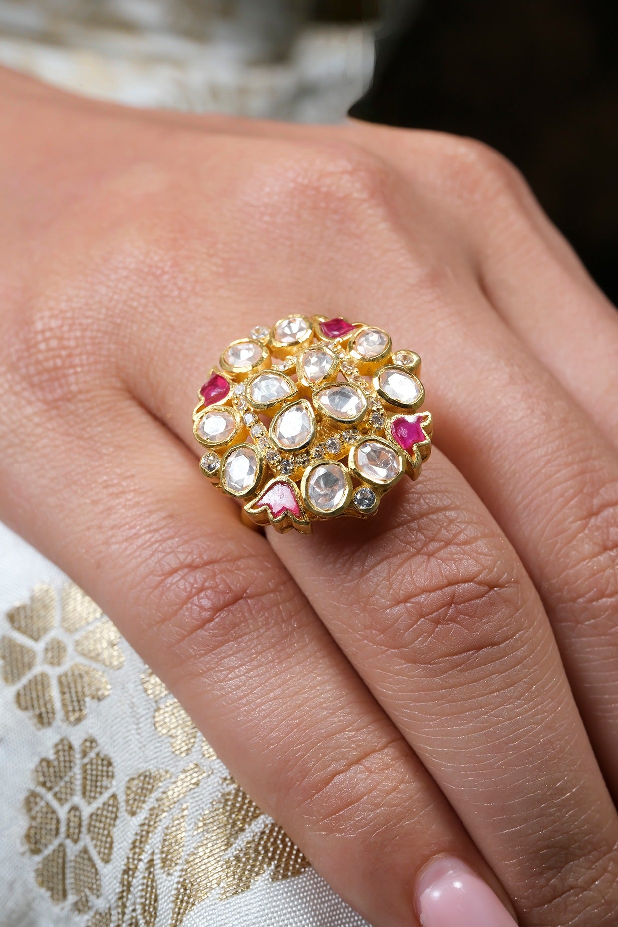 Gold Finish Kundan Polki Ring In Sterling Silver