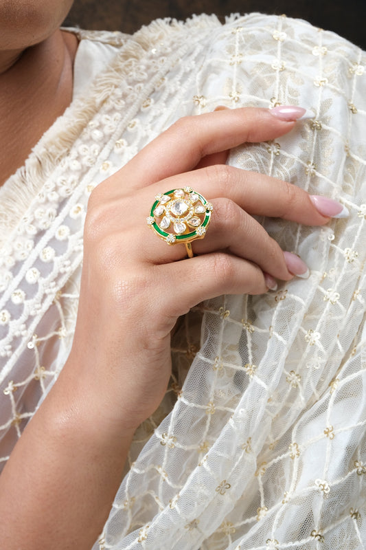 Gold Finish Kundan Polki Ring In Sterling Silver