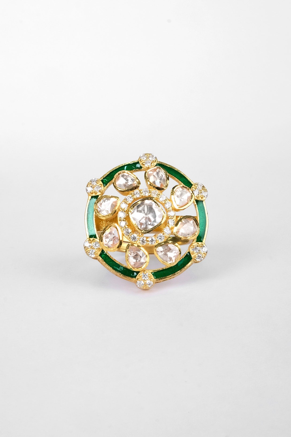 Gold Finish Kundan Polki Ring In Sterling Silver