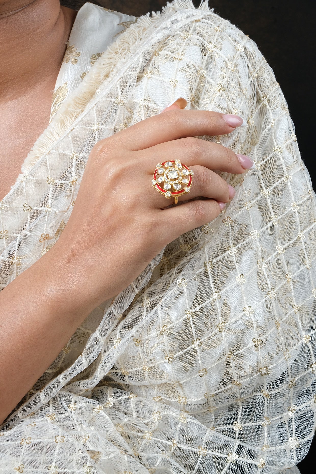 Gold Finish Kundan Polki Ring In Sterling Silver