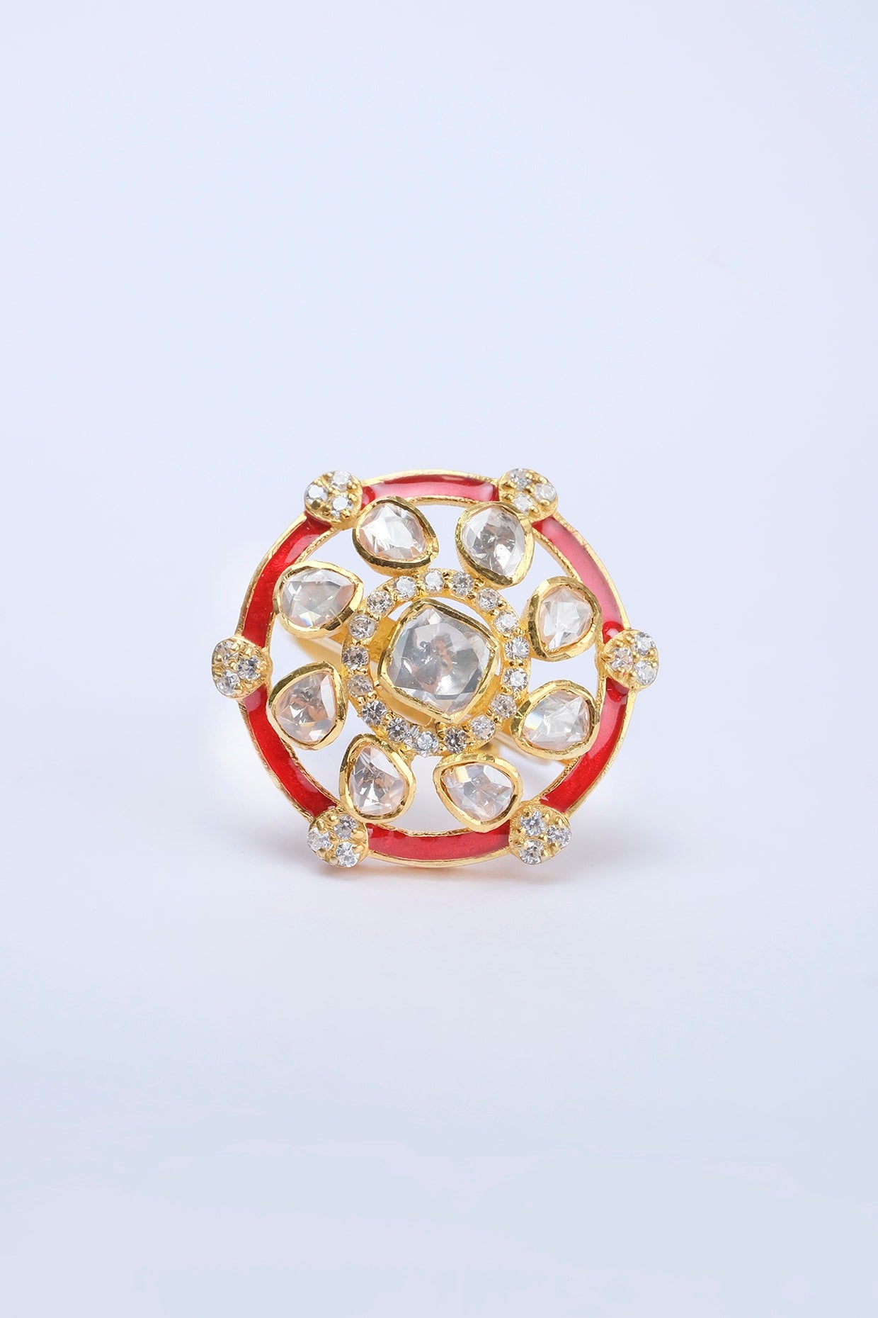 Gold Finish Kundan Polki Ring In Sterling Silver