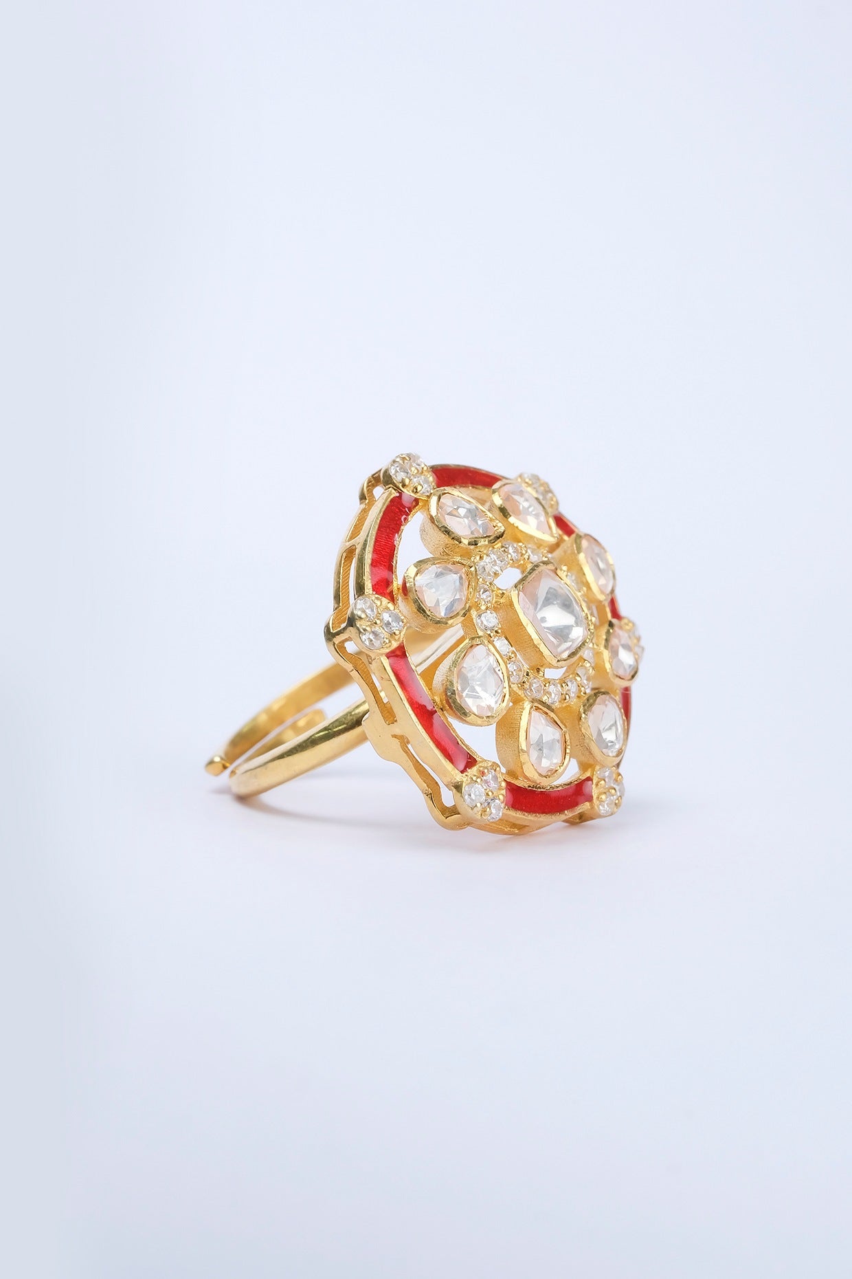 Gold Finish Kundan Polki Ring In Sterling Silver