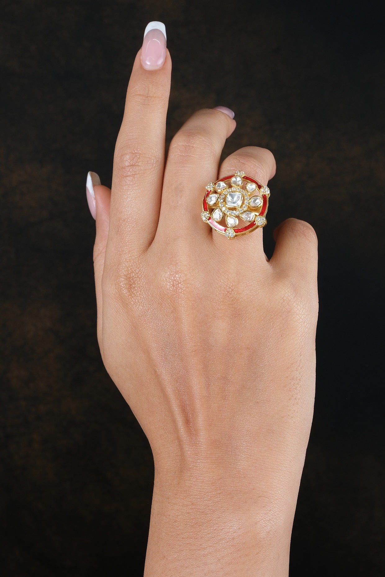 Gold Finish Kundan Polki Ring In Sterling Silver