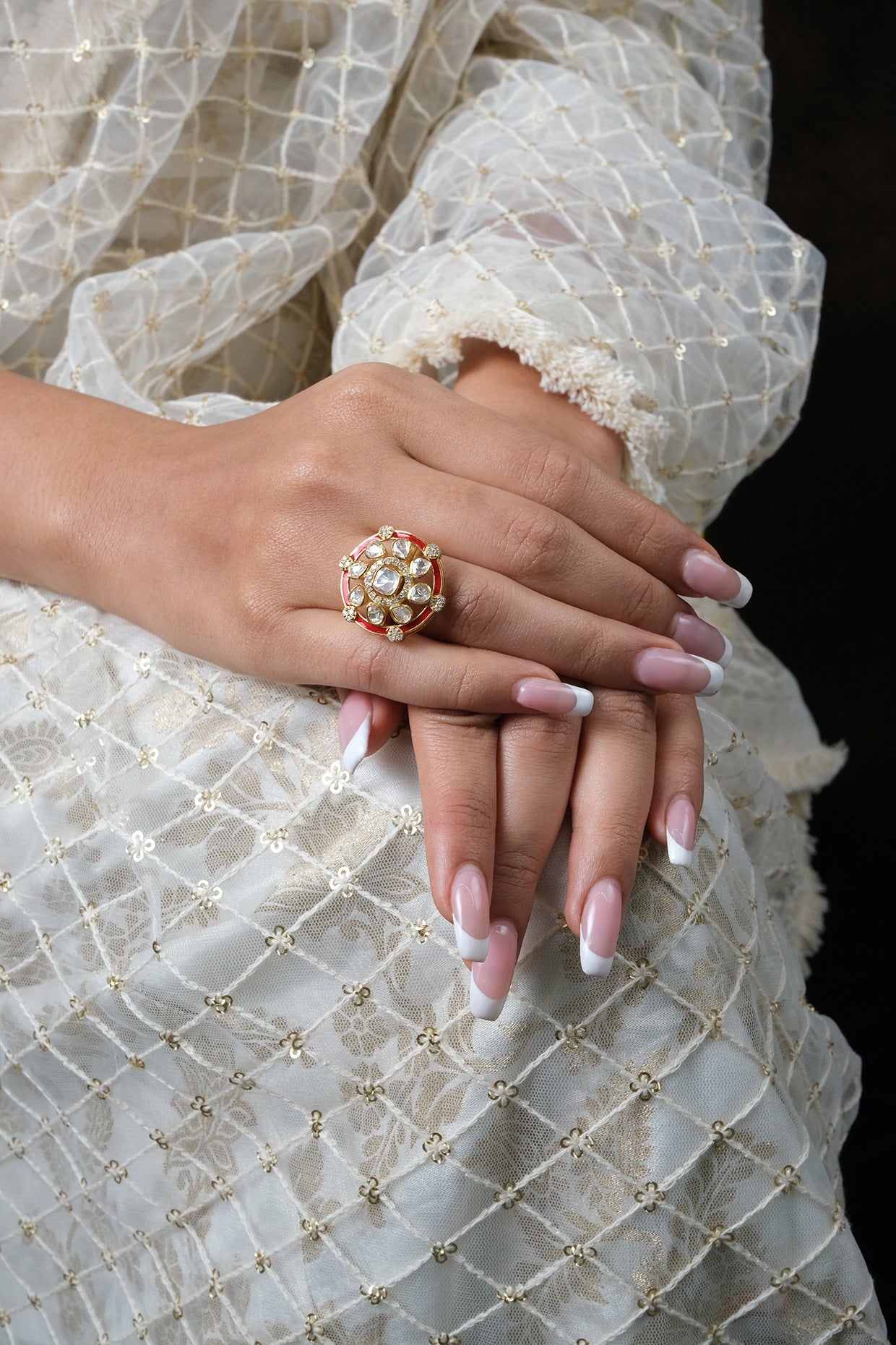 Gold Finish Kundan Polki Ring In Sterling Silver