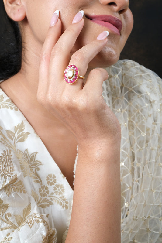 Gold Finish Kundan Polki Ring In Sterling Silver