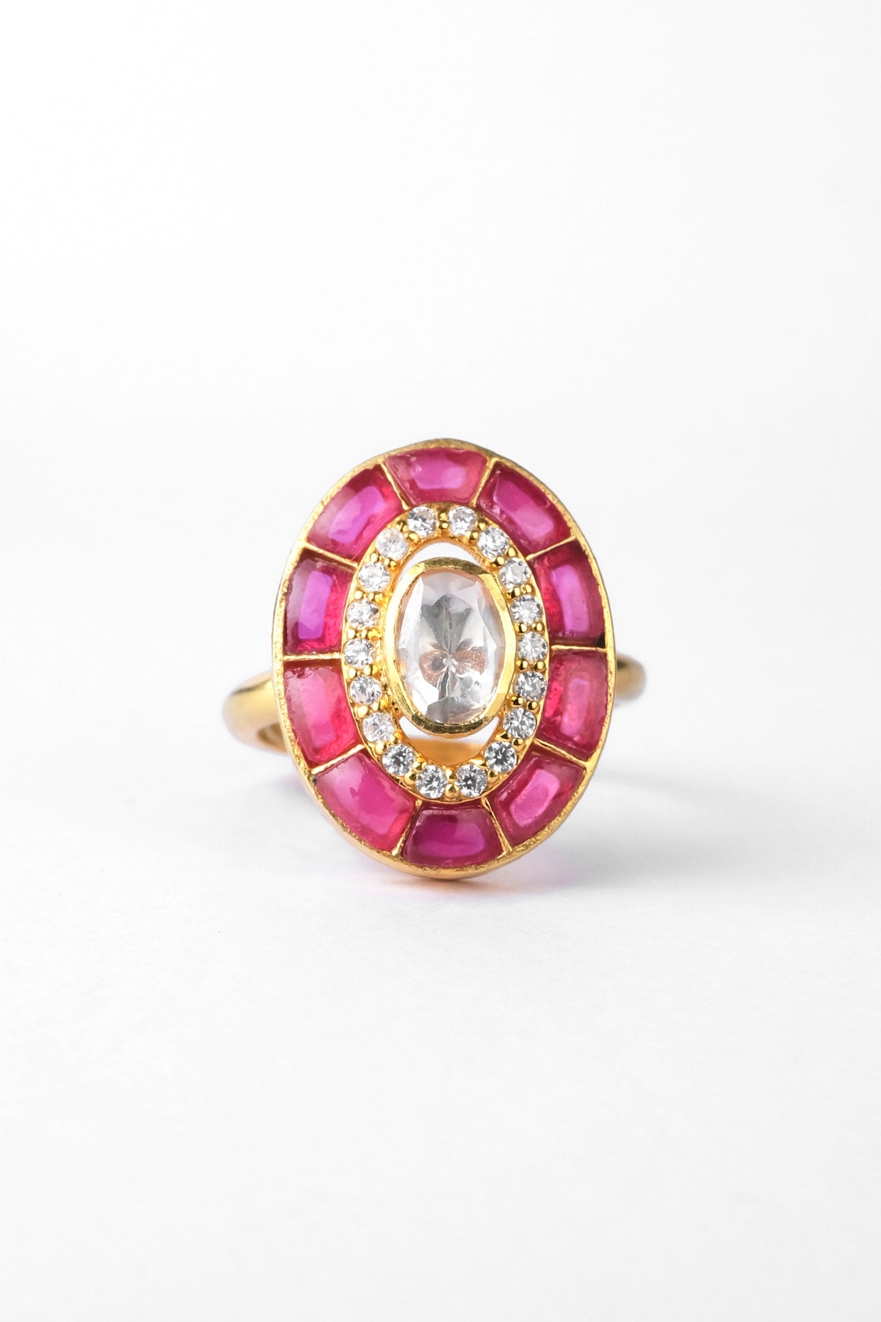 Gold Finish Kundan Polki Ring In Sterling Silver