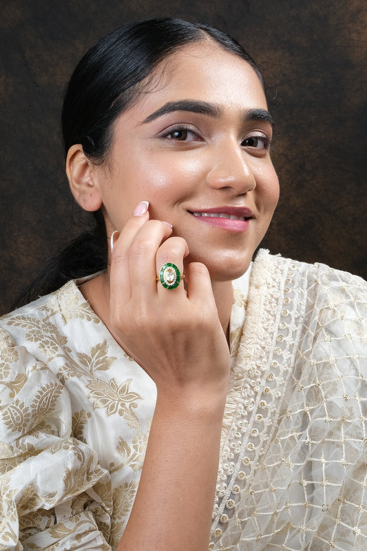 Gold Finish Kundan Polki Ring In Sterling Silver