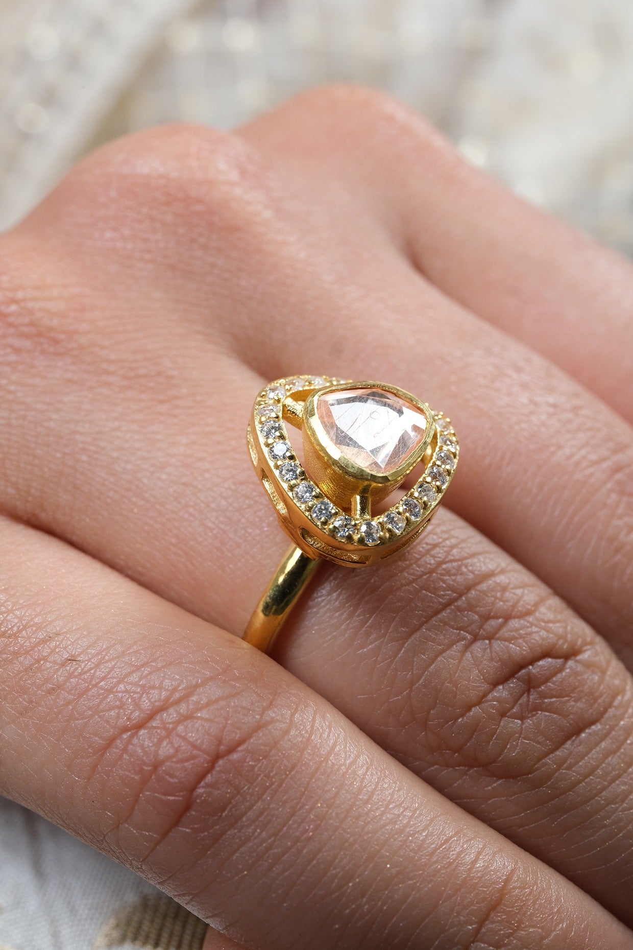 Gold Finish Kundan Polki Ring In Sterling Silver