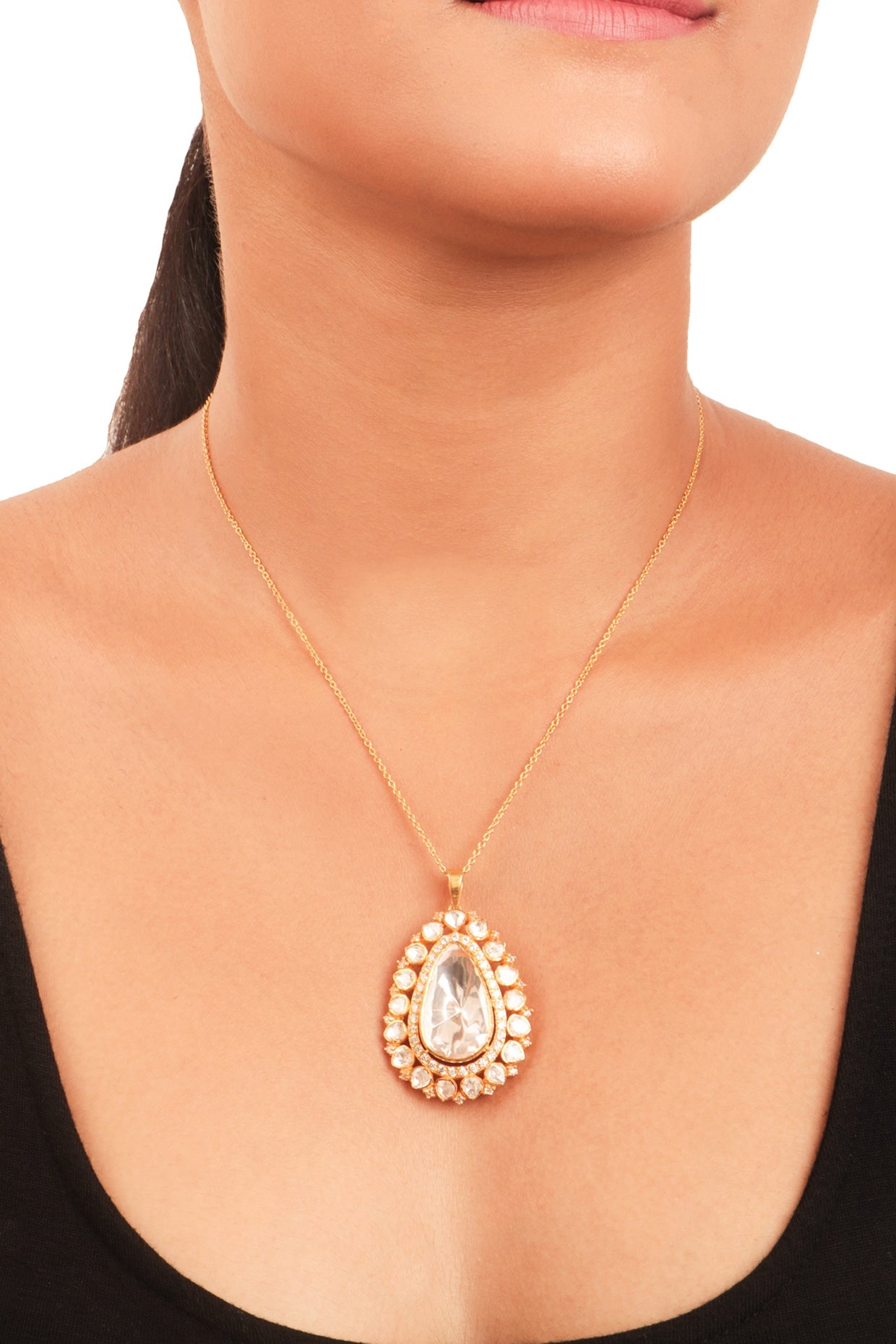 Gold Finish Moissanite Polki Necklace In Sterling Silver