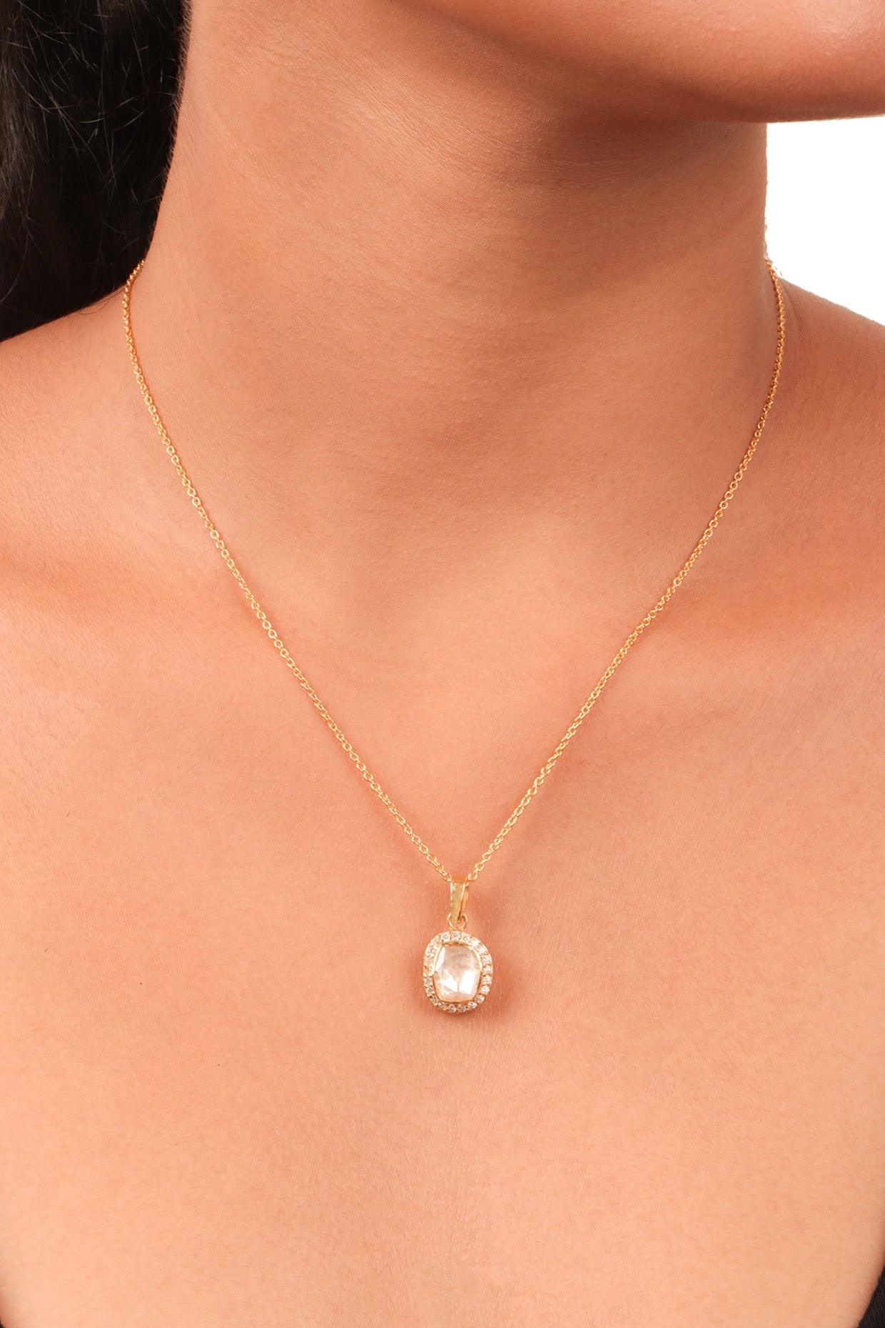 Gold Finish Moissanite Polki Pendant Necklace In Sterling Silver