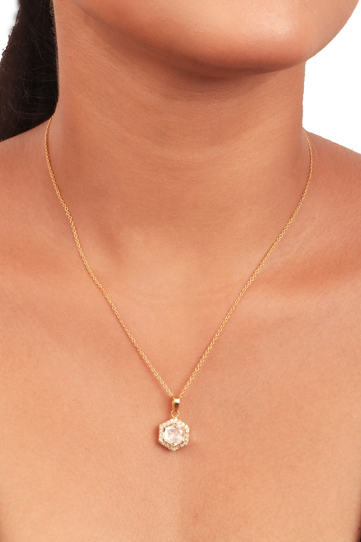 Gold Finish Moissanite Polki Pendant Necklace In Sterling Silver