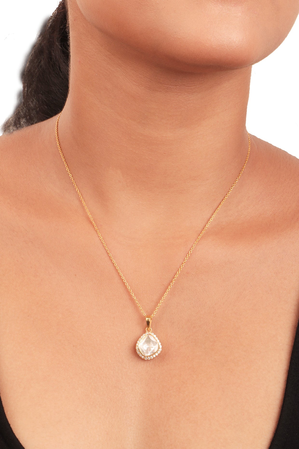 Gold Finish Moissanite Polki Pendant Necklace In Sterling Silver