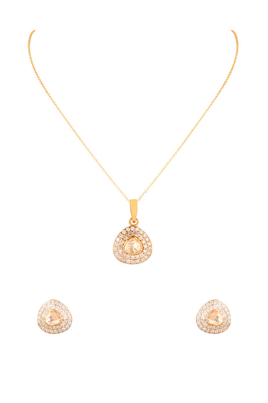 Gold Finish Moissanite Polki Pendant Necklace Set In Sterling Silver