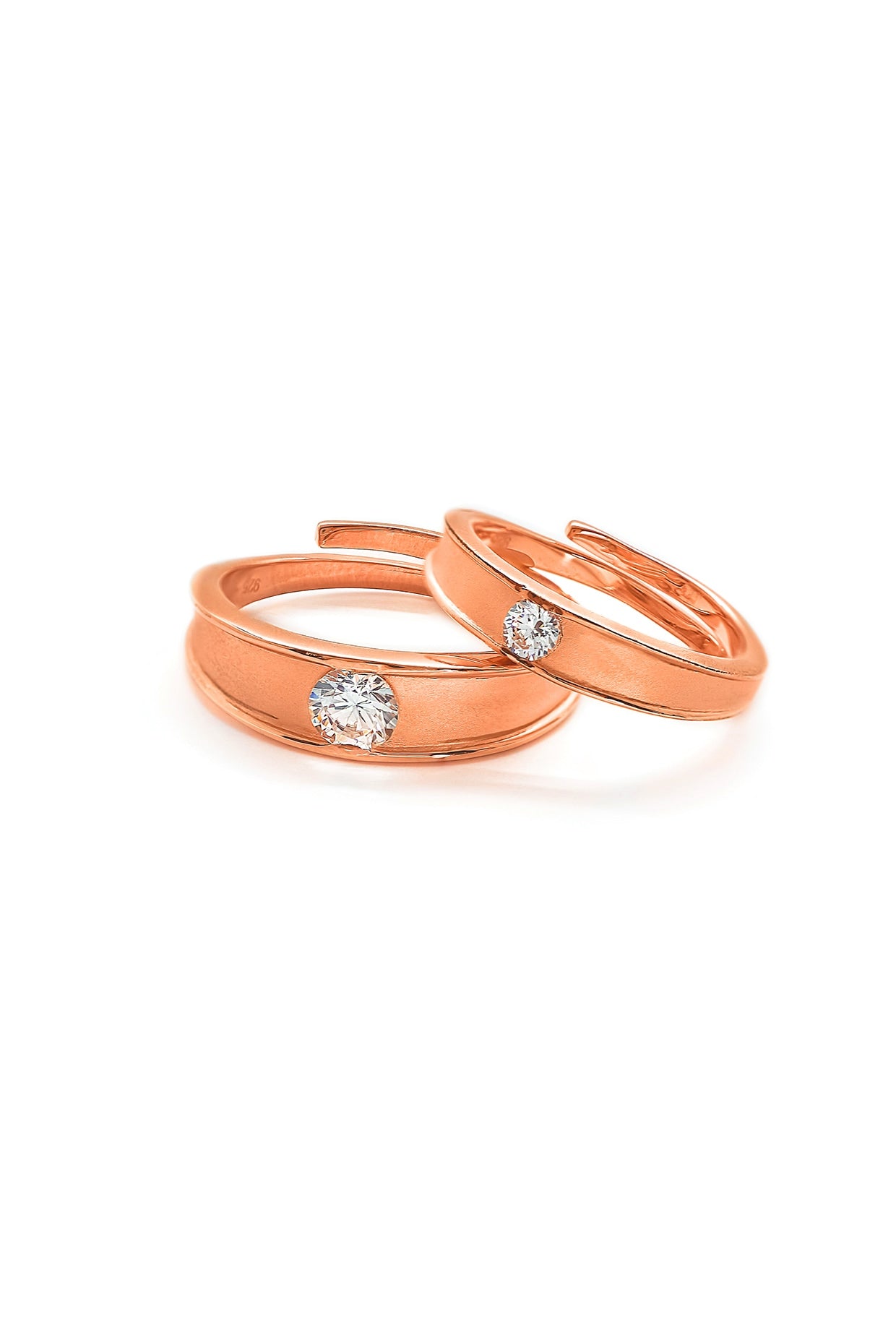 Rose Gold Finish Cubic Zirconia Adjustable Couple Rings (Set of 2) In Sterling Silver