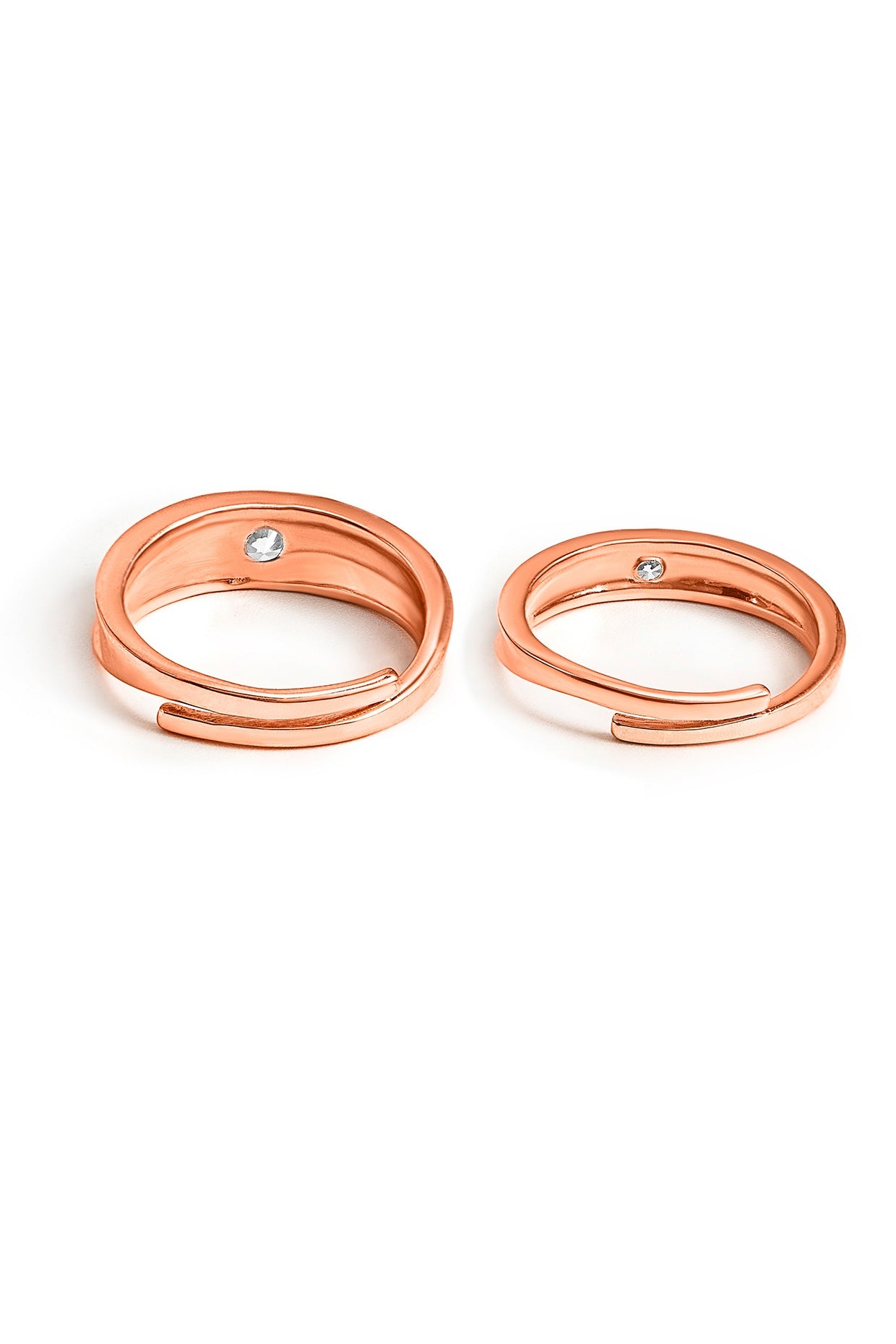 Rose Gold Finish Cubic Zirconia Adjustable Couple Rings (Set of 2) In Sterling Silver