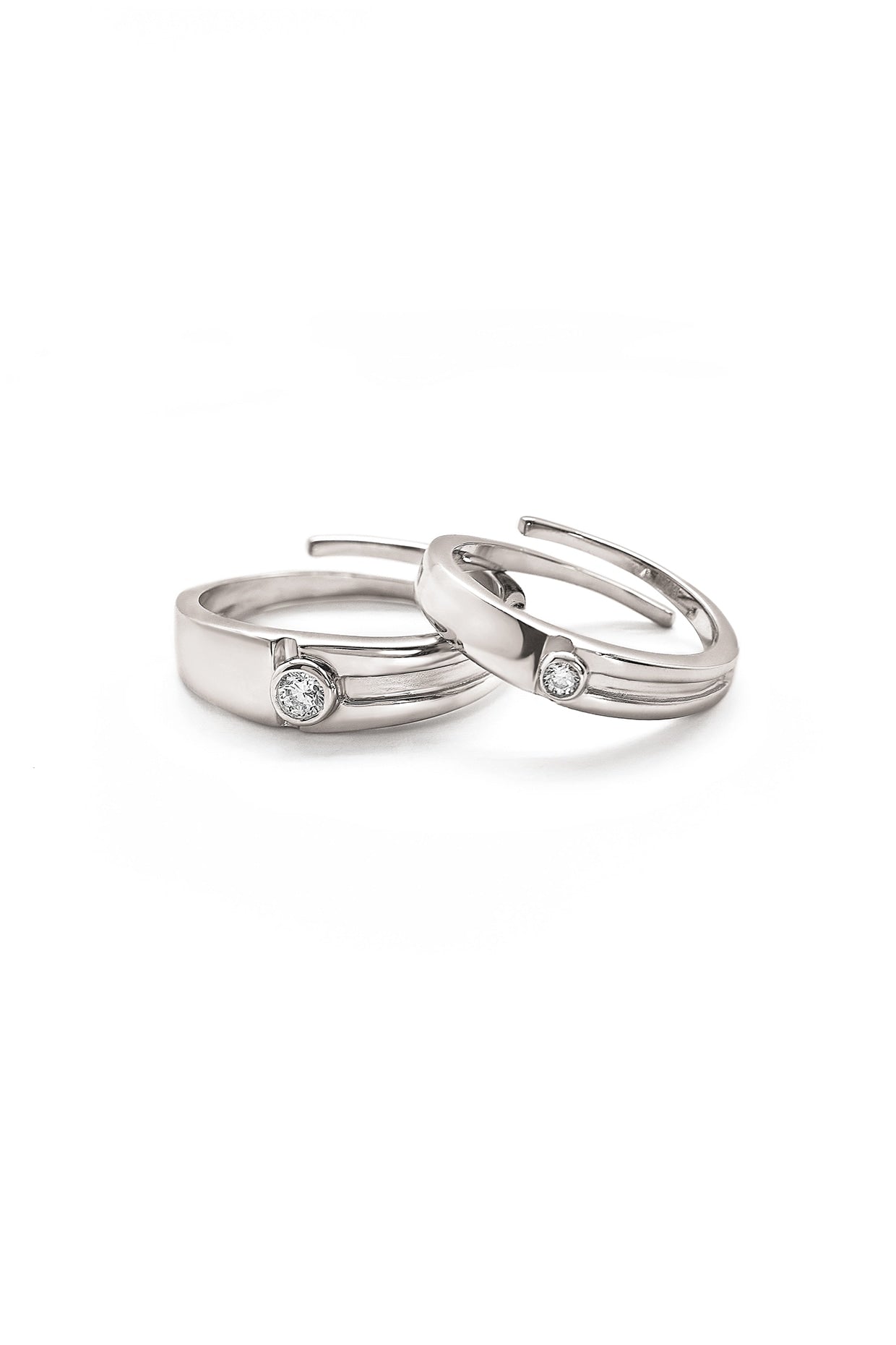 White Rhodium Finish Cubic Zirconia Adjustable Couple Rings (Set of 2) In Sterling Silver