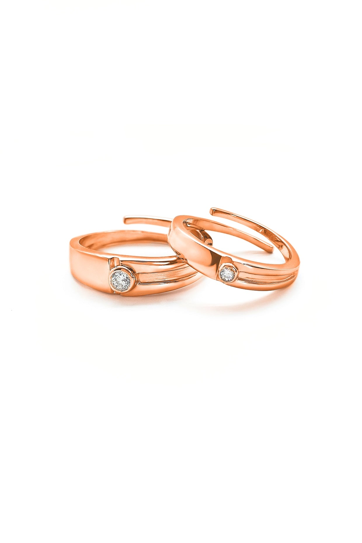 Rose Gold Finish Cubic Zirconia Adjustable Couple Rings (Set of 2) In Sterling Silver