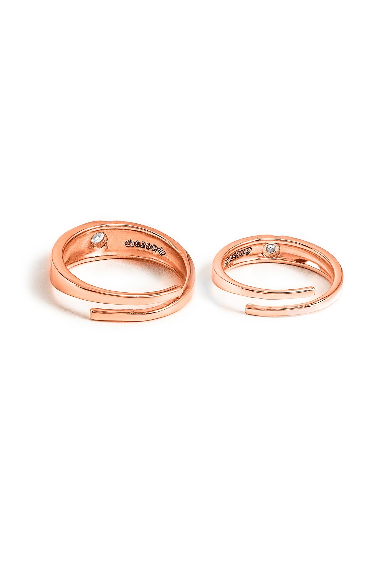 Rose Gold Finish Cubic Zirconia Adjustable Couple Rings (Set of 2) In Sterling Silver