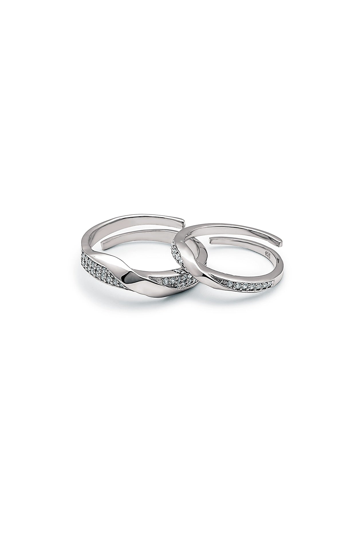 White Rhodium Finish Cubic Zirconia Adjustable Couple Rings (Set of 2) In Sterling Silver