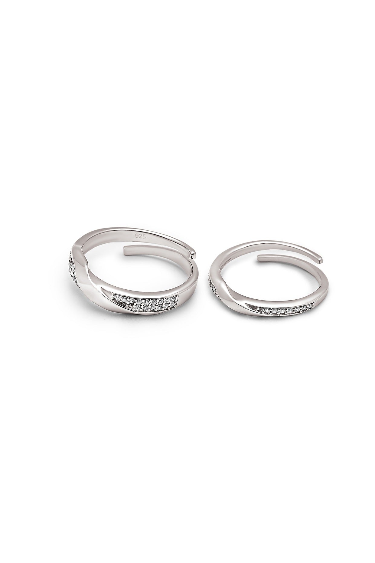 White Rhodium Finish Cubic Zirconia Adjustable Couple Rings (Set of 2) In Sterling Silver