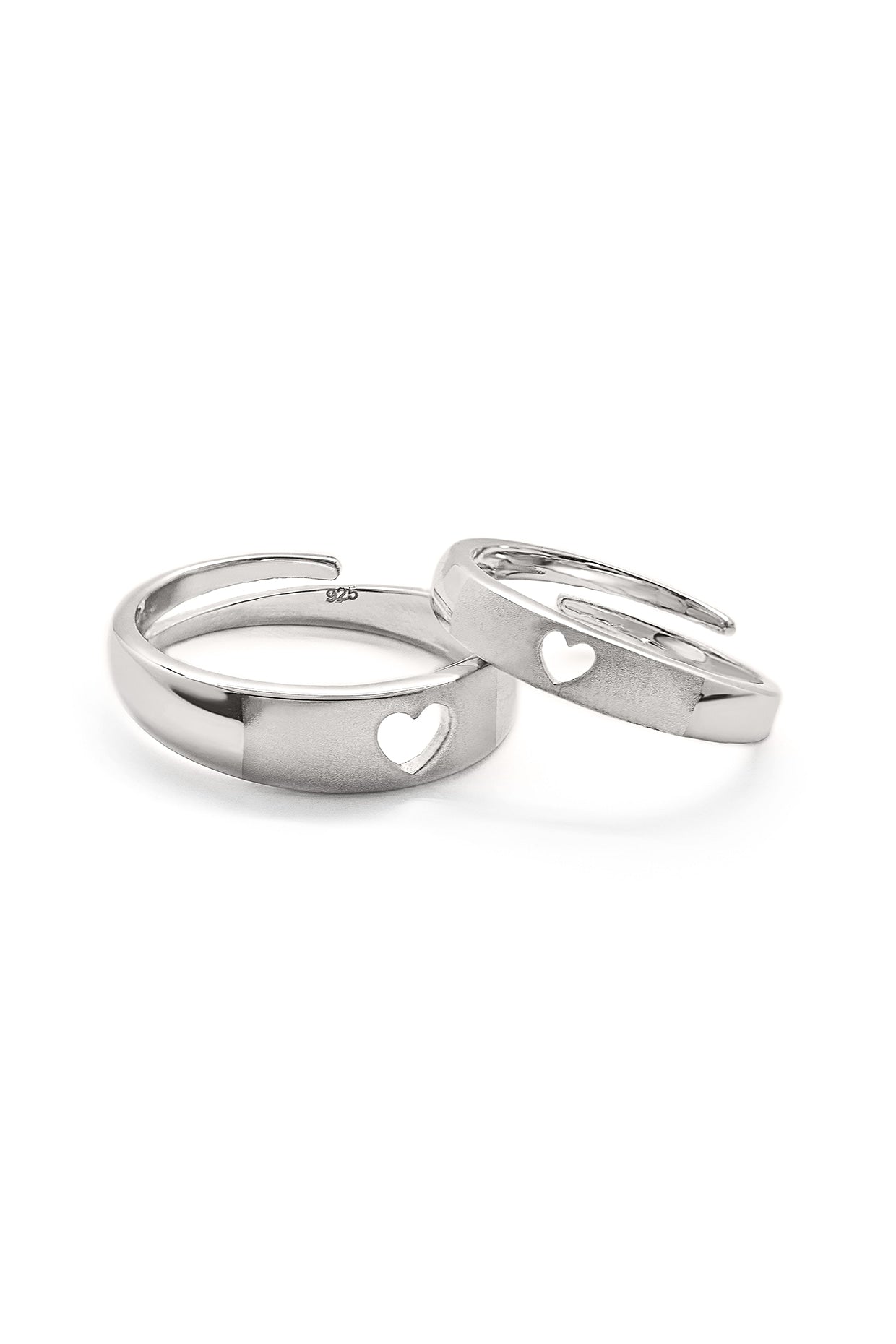 White Rhodium Finish Adjustable Heart Couple Rings (Set of 2) In Sterling Silver