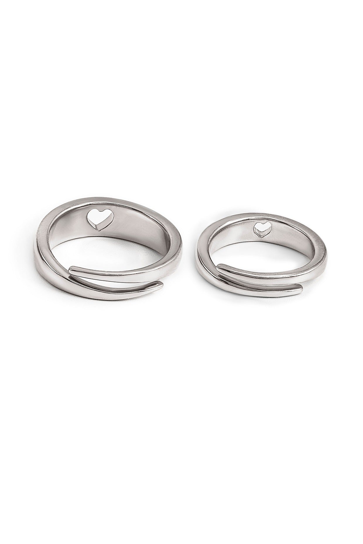 White Rhodium Finish Adjustable Heart Couple Rings (Set of 2) In Sterling Silver