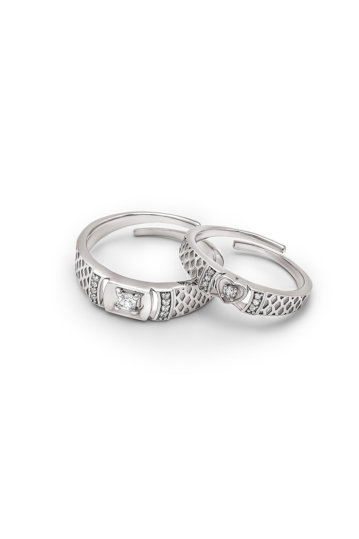 White Rhodium Finish Cubic Zirconia Adjustable Couple Rings (Set of 2) In Sterling Silver