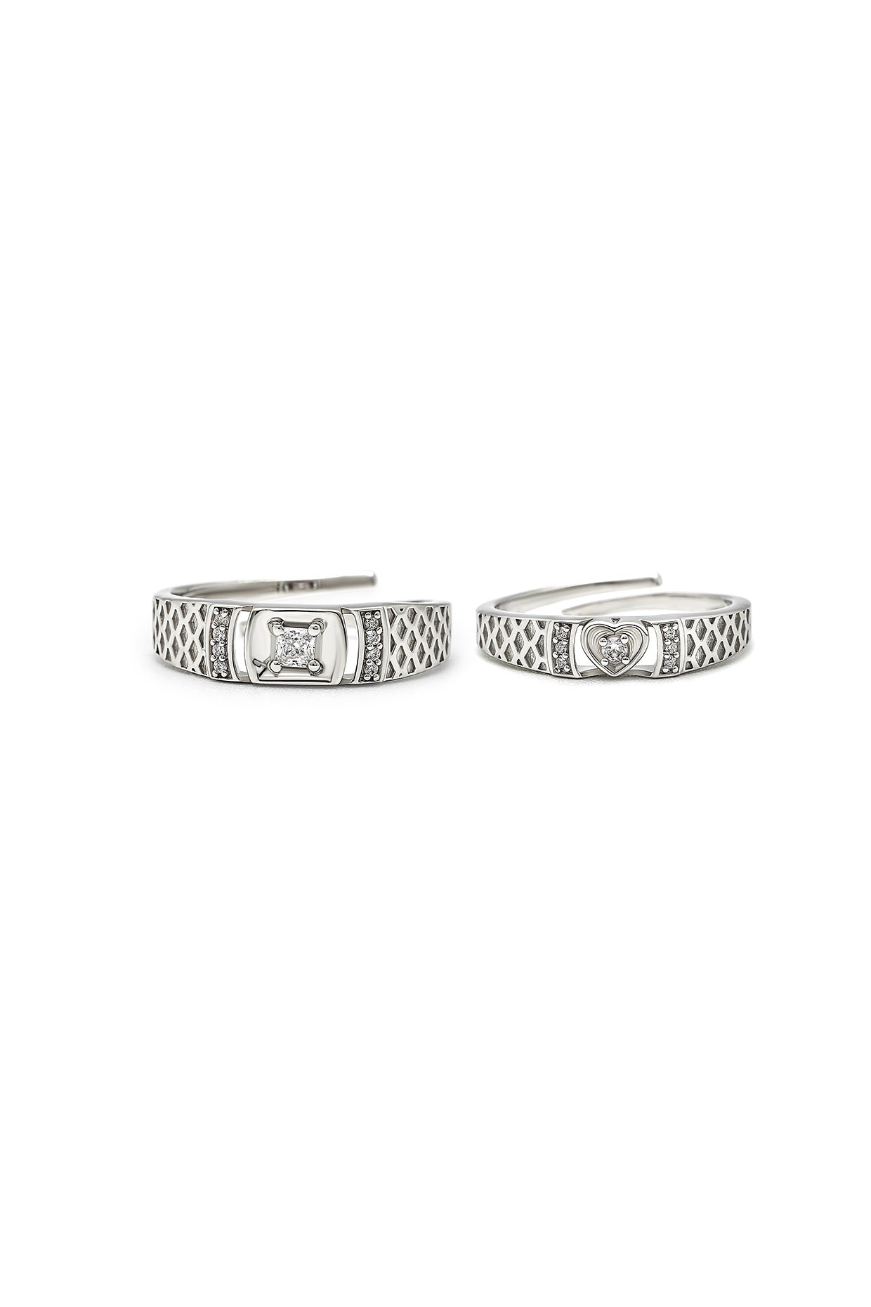 White Rhodium Finish Cubic Zirconia Adjustable Couple Rings (Set of 2) In Sterling Silver