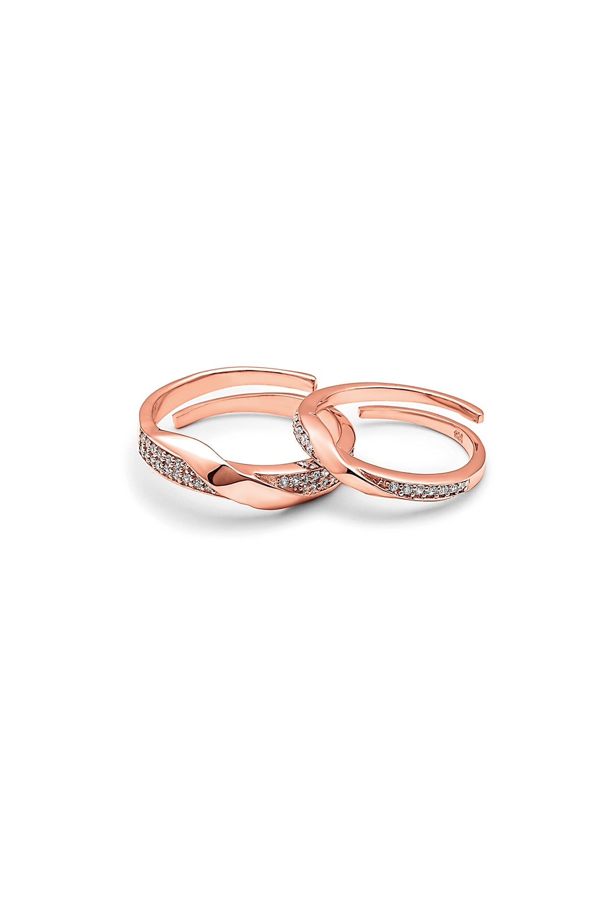 Rose Gold Finish Cubic Zirconia Adjustable Couple Rings (Set of 2) In Sterling Silver