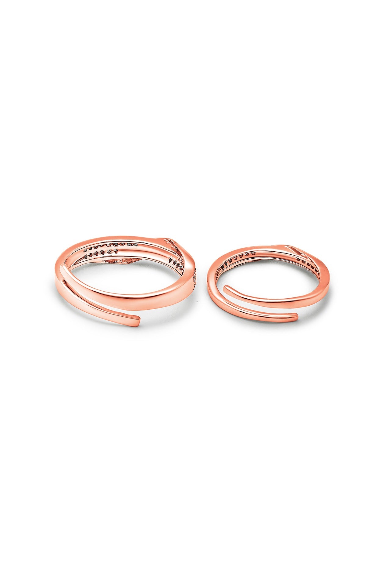 Rose Gold Finish Cubic Zirconia Adjustable Couple Rings (Set of 2) In Sterling Silver