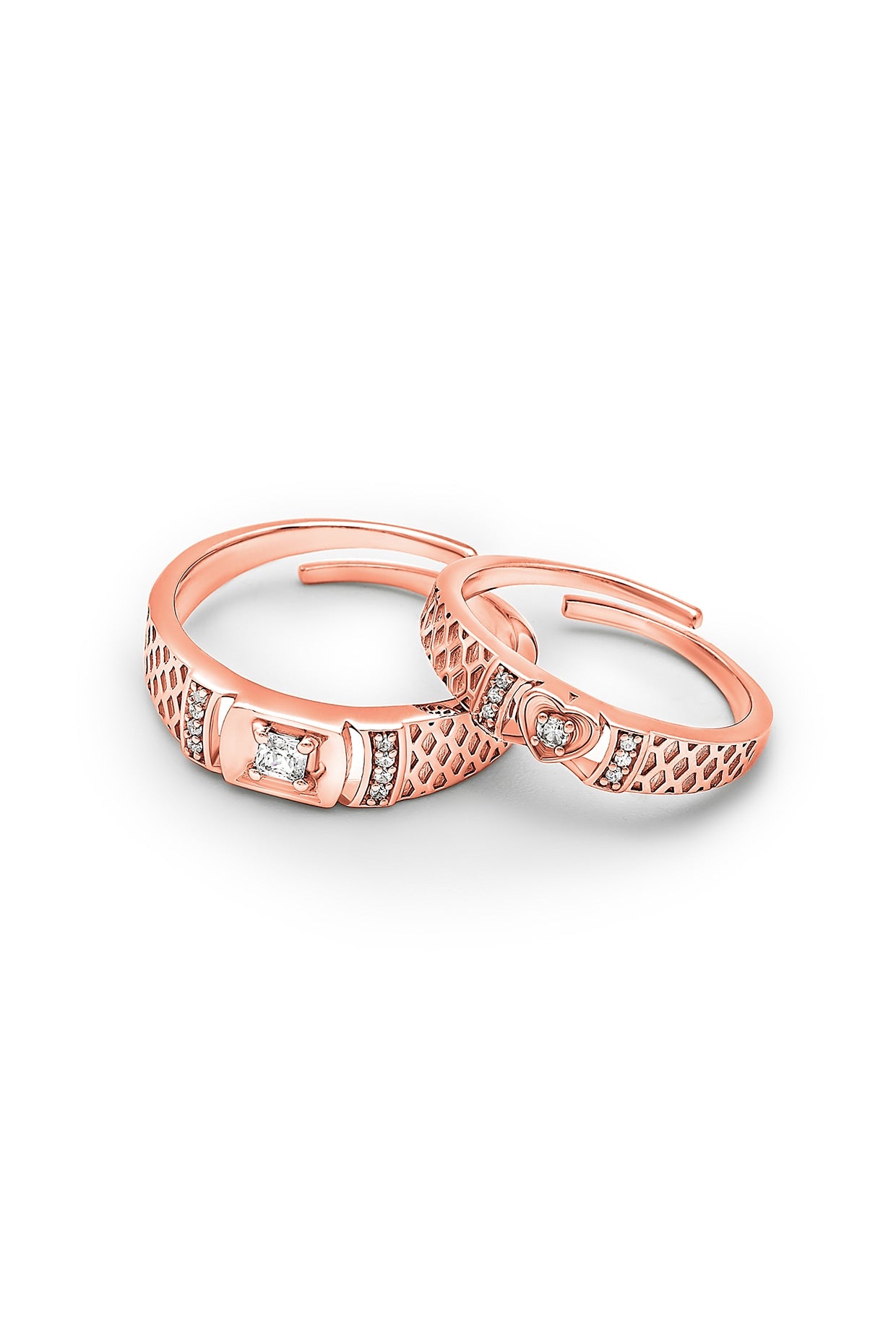 Rose Gold Finish Cubic Zirconia Adjustable Couple Rings (Set of 2) In Sterling Silver