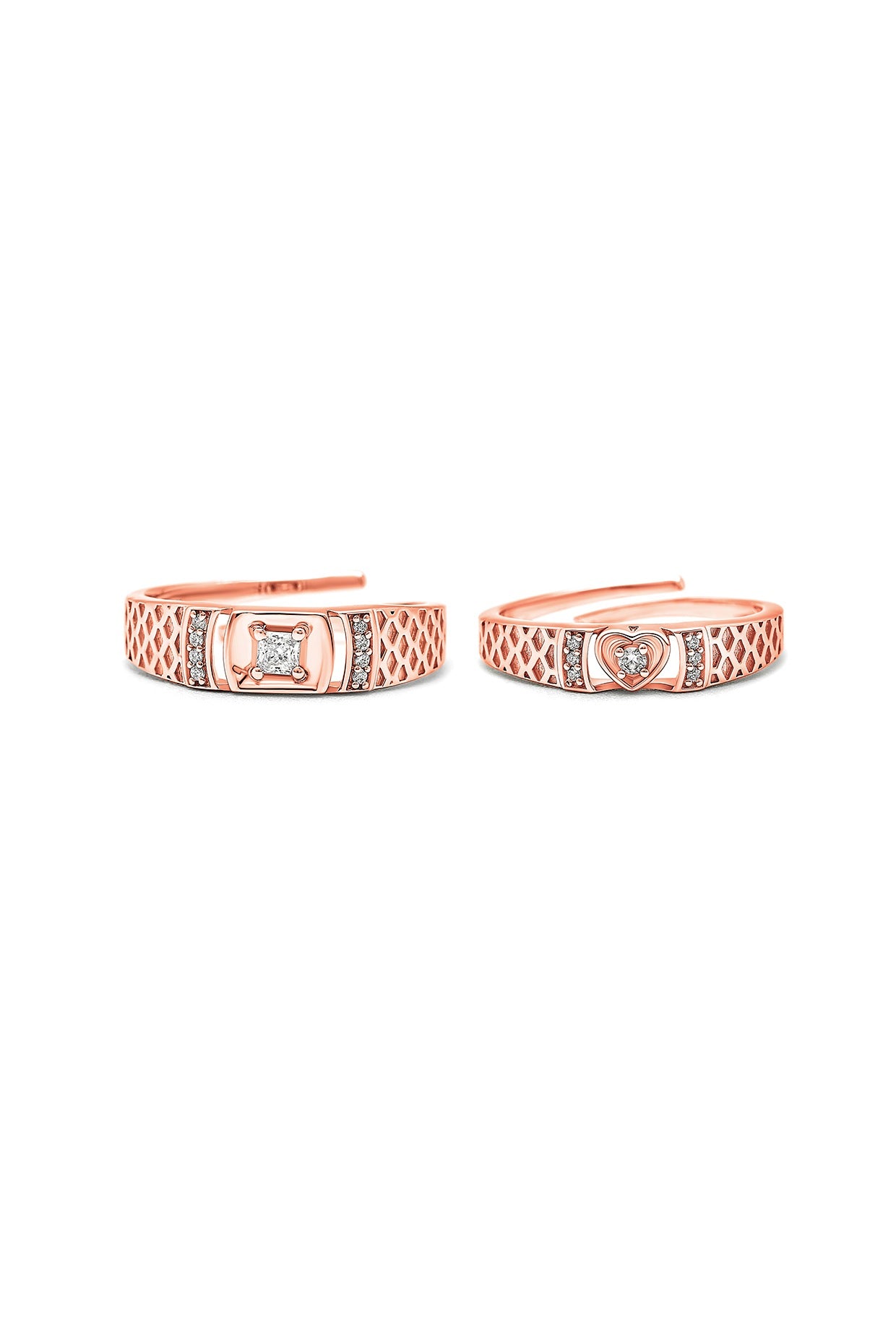 Rose Gold Finish Cubic Zirconia Adjustable Couple Rings (Set of 2) In Sterling Silver