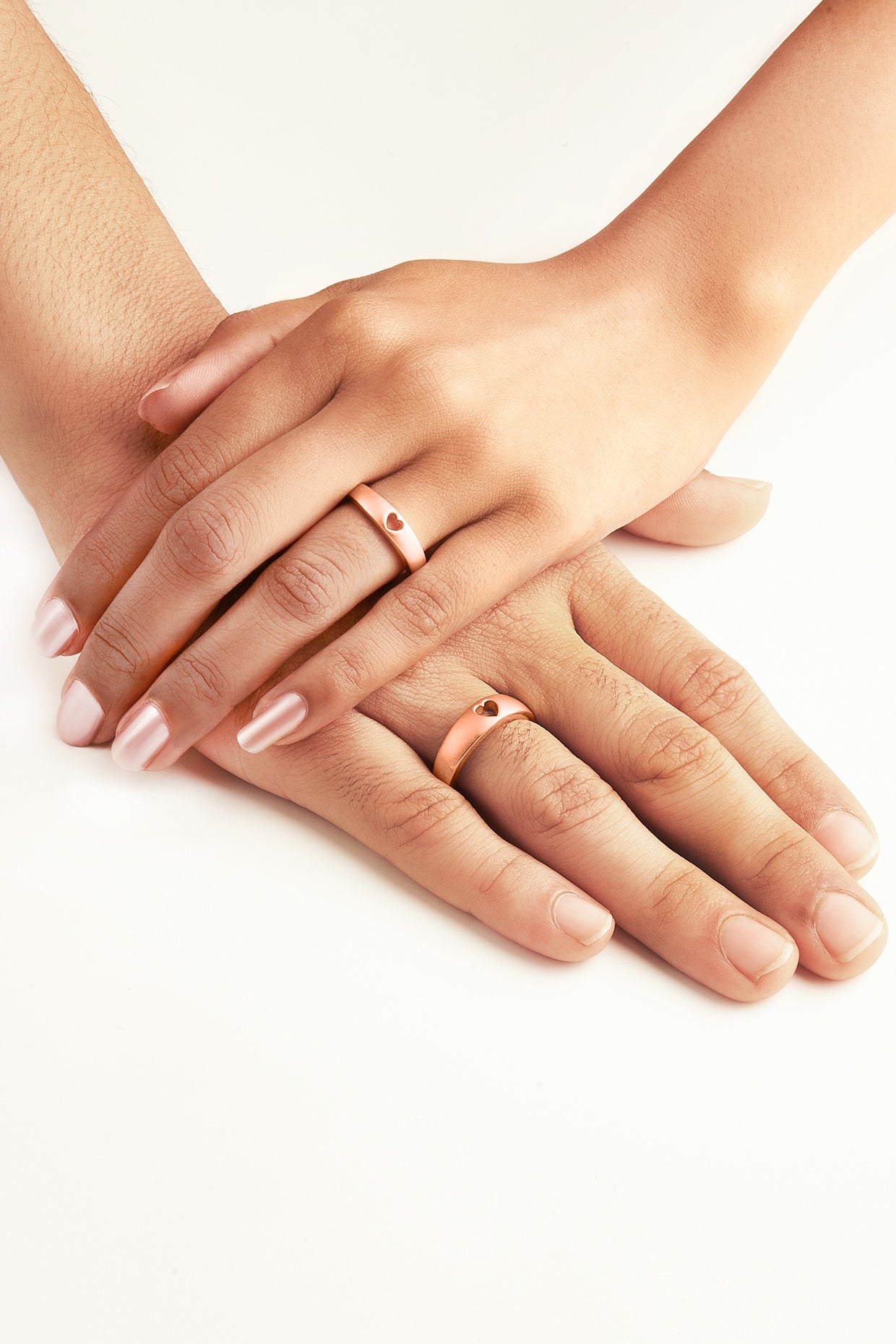 Rose Gold Finish Adjustable Heart Couple Rings (Set of 2) In Sterling Silver