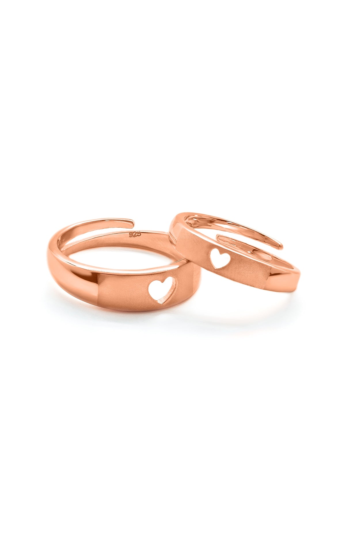 Rose Gold Finish Adjustable Heart Couple Rings (Set of 2) In Sterling Silver