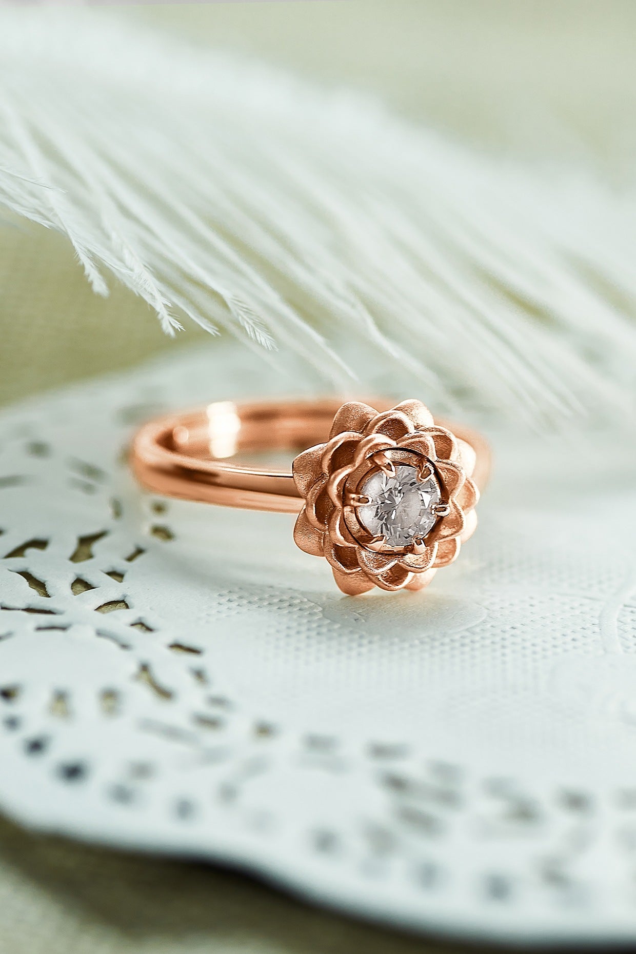 Rose Gold Finish Cubic Zirconia Floral Ring In Sterling Silver