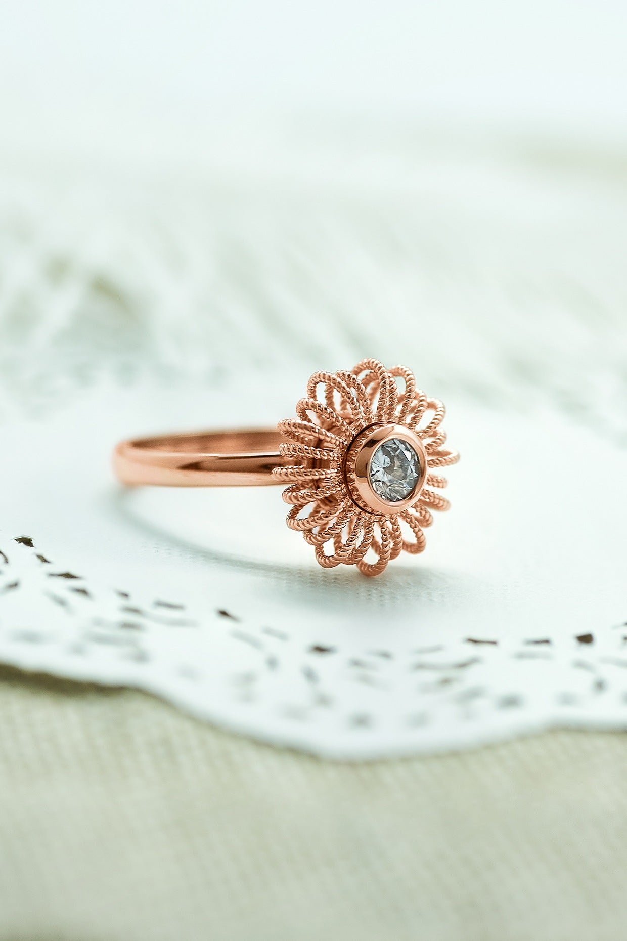 Rose Gold Finish Cubic Zirconia Floral Ring In Sterling Silver