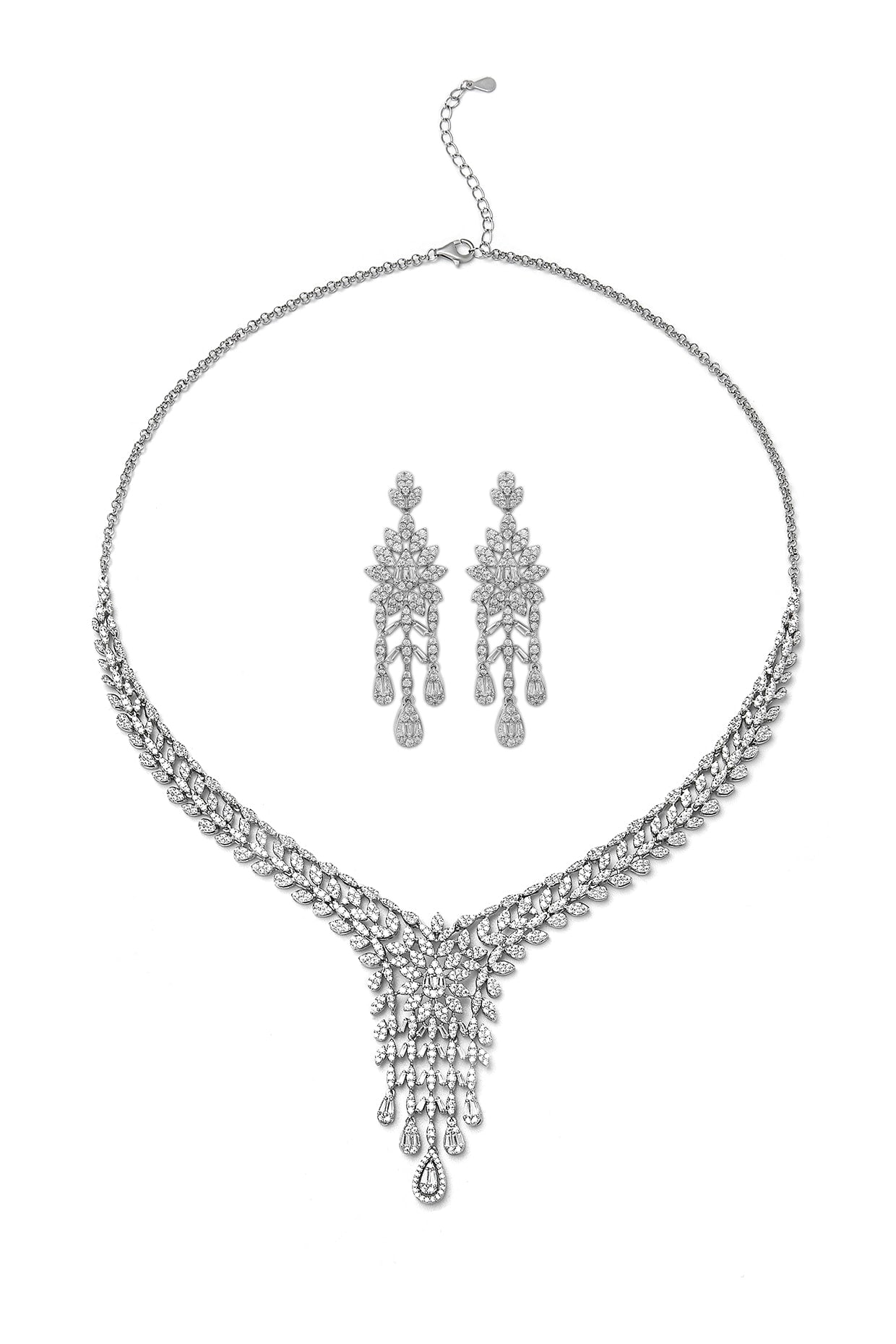 White Rhodium Finish Laser Cut Cubic Zirconia Scarlett Necklace Set In Sterling Silver