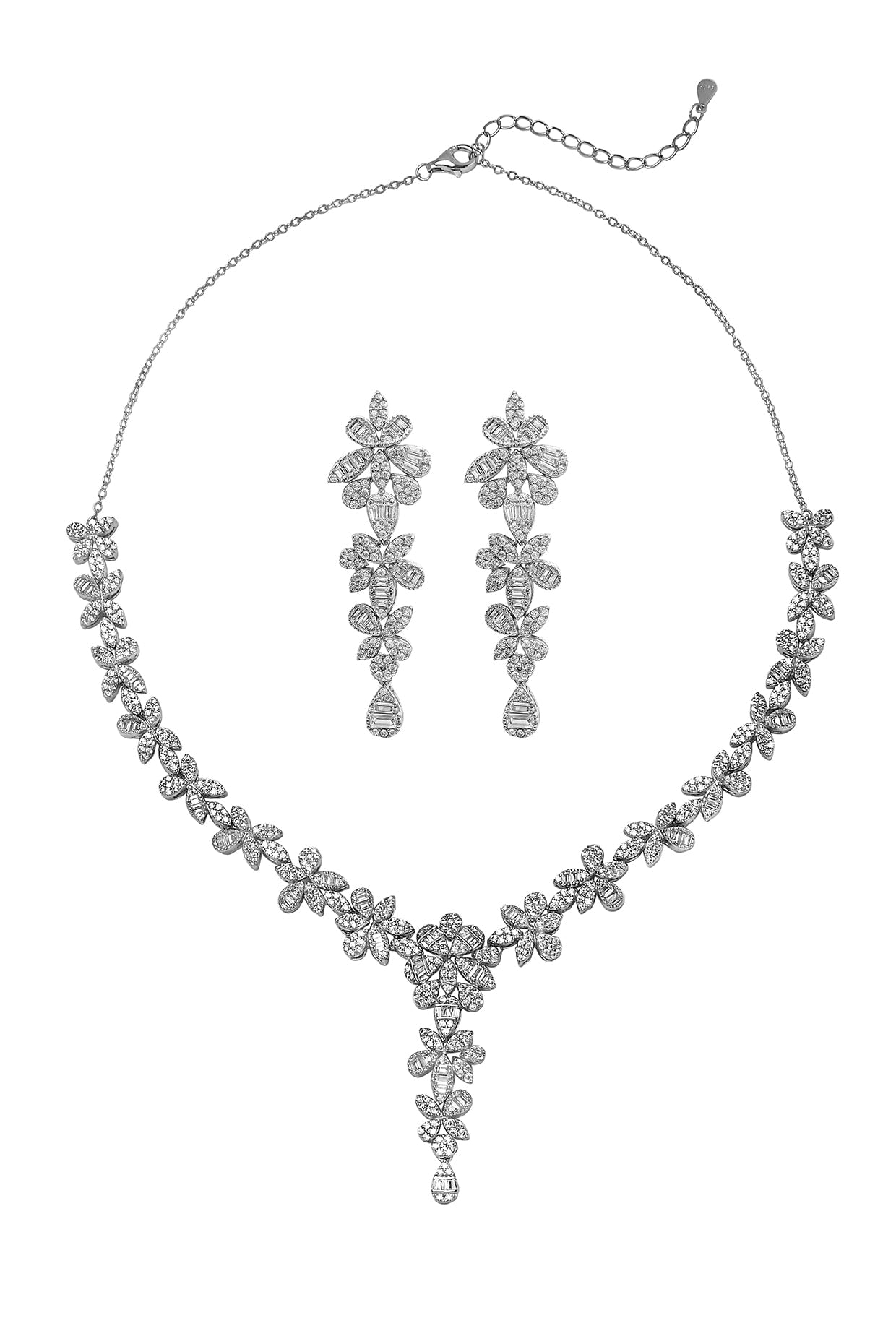 White Rhodium Finish Laser Cut Cubic Zirconia Necklace Set In Sterling Silver