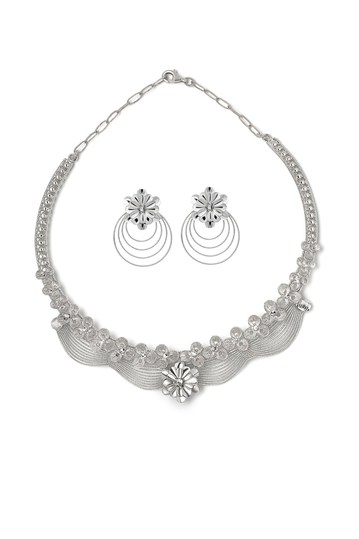 White Rhodium Finish Laser Cut Zircon Jasmine Necklace Set In Sterling Silver