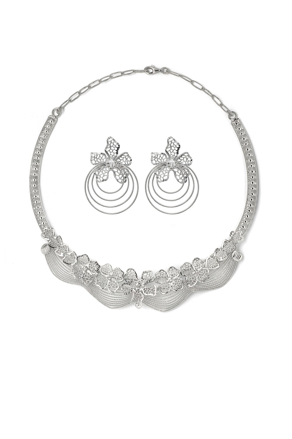 White Rhodium Finish Laser Cut Zircon Camellia Necklace Set In Sterling Silver