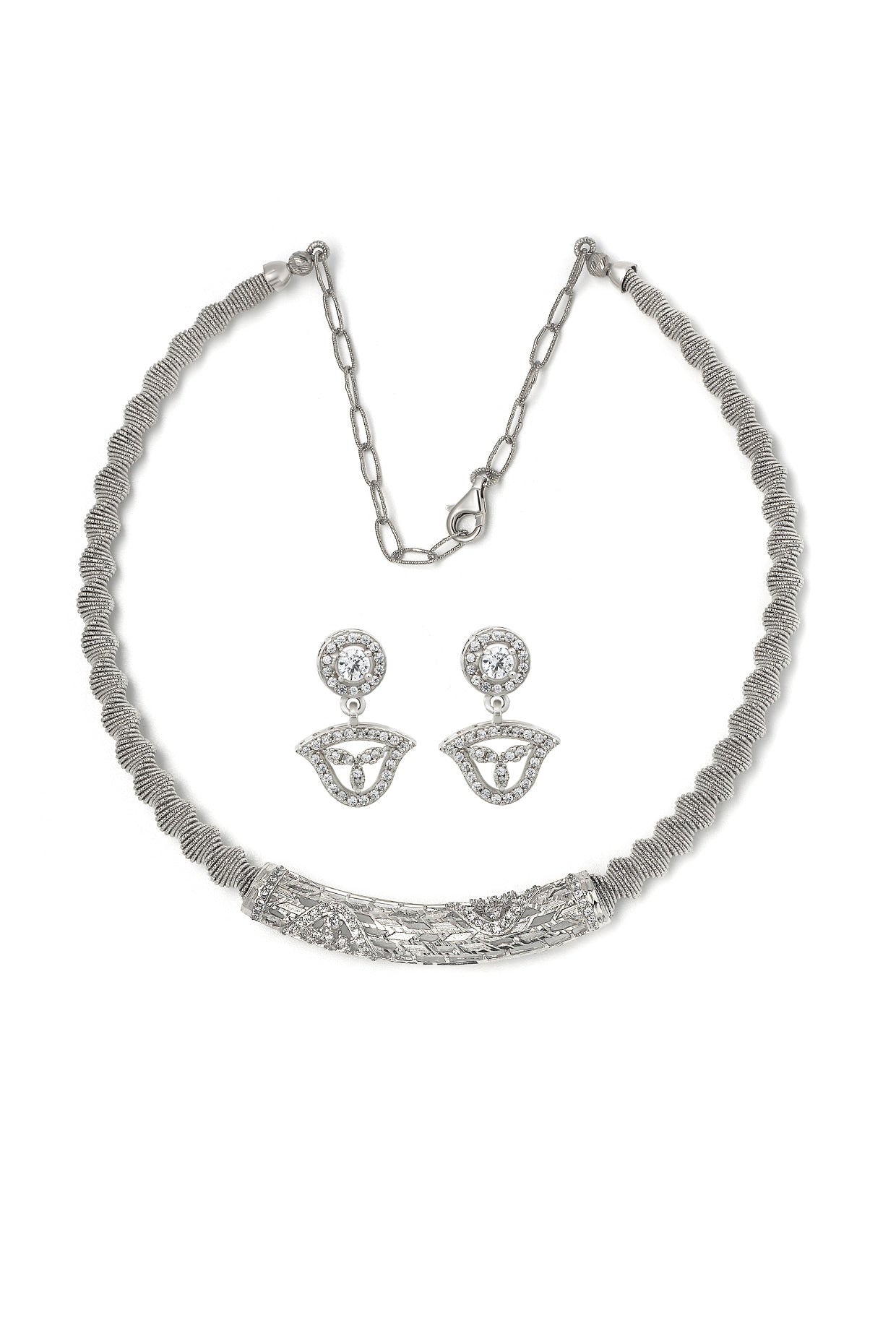 White Rhodium Finish Laser Cut Cubic Zirconia Necklace Set In Sterling Silver