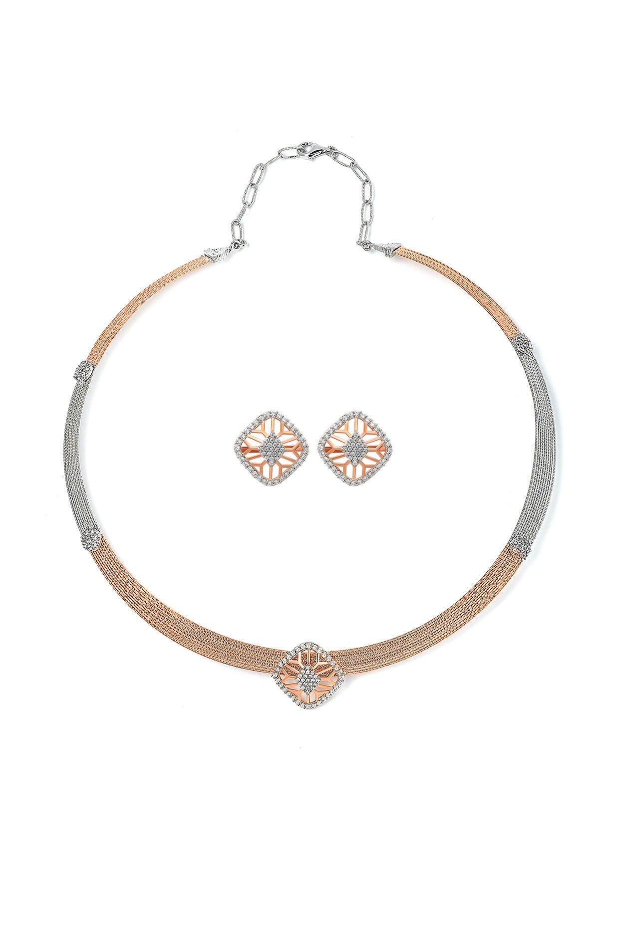 Two-Tone Finish Laser Cut Cubic Zirconia Quadrant Necklace Set In Sterling Silver